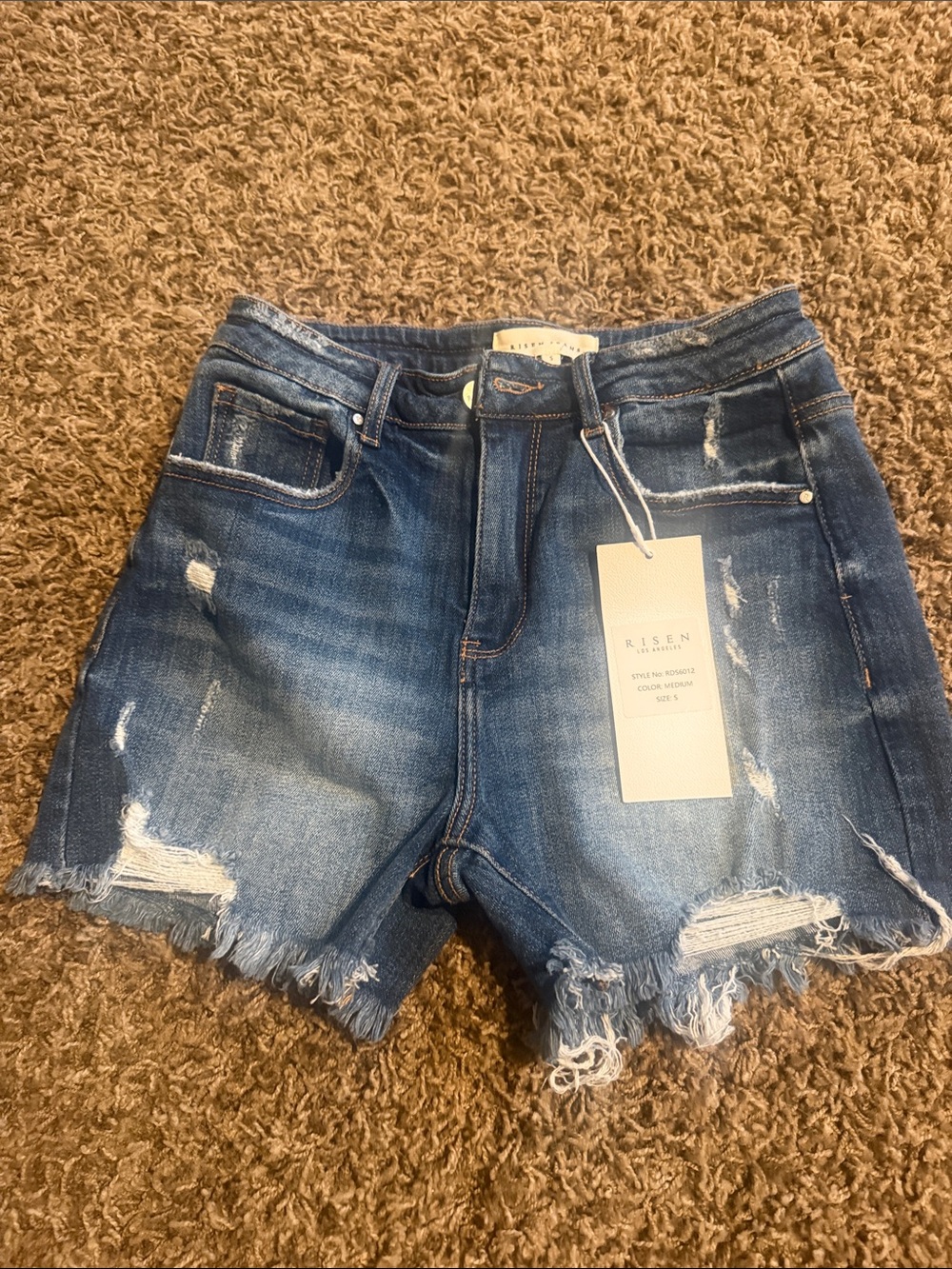 Risen Frayed Hem Distressed Blue Denim Shorts